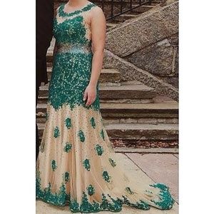 Beaded Gown with Lace Illusion Neckline